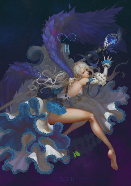 Anime picture 1653x2339 with original xiaoxkeli single long hair tall image looking at viewer blush blue eyes light erotic bare shoulders white hair long sleeves barefoot sunlight bare legs no shoes girl dress detached sleeves wings