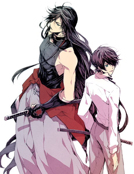 Anime picture 773x1000 with touken ranbu nitroplus izuminokami kanesada horikawa kunihiro muku (pixiv3207772) tall image fringe short hair black hair simple background standing white background bare shoulders green eyes looking away very long hair traditional clothes japanese clothes from above hair over one eye