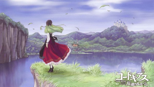 Anime picture 2052x1162 with code geass sunrise (studio) c.c. single highres wide image standing green hair wind from behind inscription landscape village girl plant (plants) hat tree (trees) water forest castle