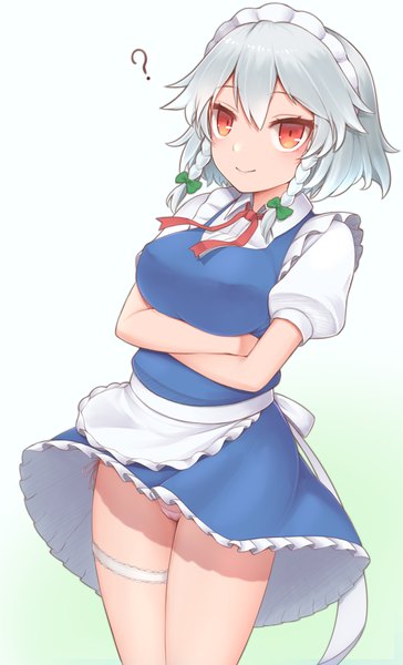 Anime picture 1608x2648 with touhou izayoi sakuya harunoha single tall image fringe short hair breasts light erotic smile hair between eyes red eyes large breasts standing white background looking away braid (braids) grey hair short sleeves maid