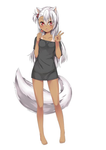 Anime picture 1000x1412 with original @ichigo single long hair tall image looking at viewer blush open mouth simple background hair between eyes red eyes white background animal ears white hair tail animal tail dark skin girl