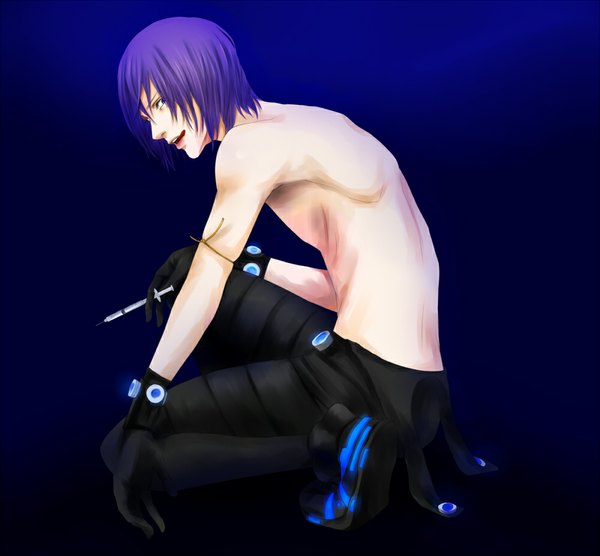 Anime picture 1000x928 with gantz gonzo kyou hanaki naninu single short hair open mouth blue eyes purple hair looking back topless blue background girl gloves boots syringe