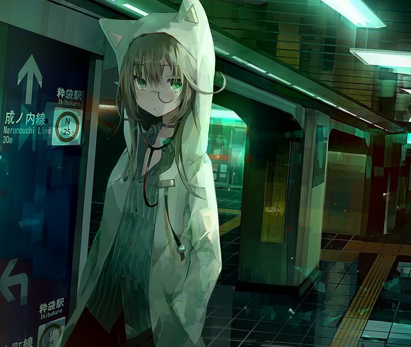 Anime picture 1181x996 with original tlla (artist) single long hair looking at viewer fringe hair between eyes brown hair standing green eyes upper body open jacket light open collar hands in pockets animal hood girl shirt choker hood