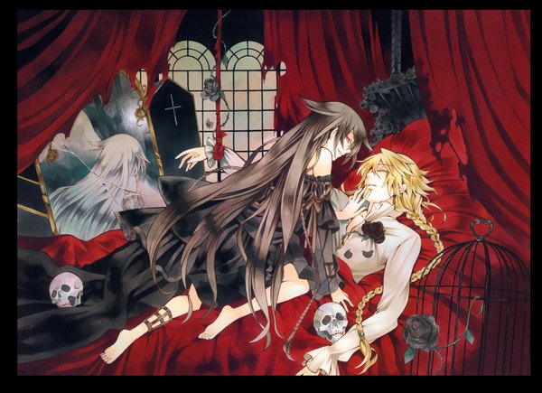 Anime picture 9269x6727 with pandora hearts xebec alice (pandora hearts) jack vessalius long hair highres black hair blonde hair red eyes absurdres eyes closed very long hair couple looking down sitting on person evil grin girl dress boy flower (flowers)