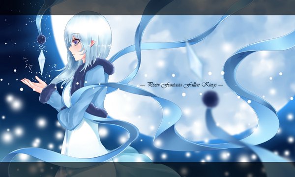 Anime picture 1500x900 with original pixiv fantasia pixiv fantasia fallen kings dusk/dawn single long hair looking at viewer blue eyes wide image white hair profile girl dress moon crystal