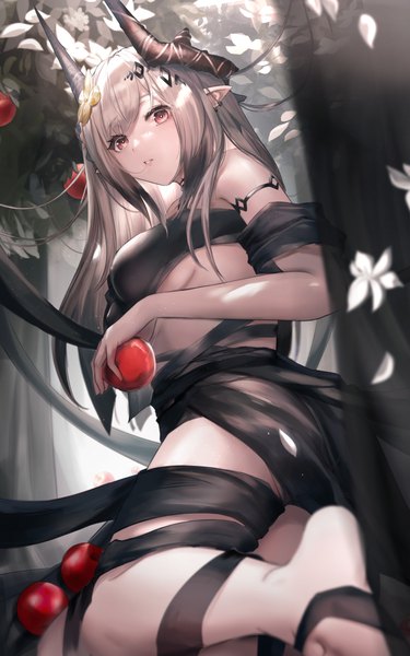 Anime picture 1800x2880 with arknights mudrock (arknights) lucy (rusi-juren328) single long hair tall image looking at viewer highres breasts light erotic red eyes holding payot silver hair outdoors parted lips barefoot hair flower horn (horns) pointy ears