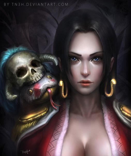 Anime picture 1240x1468 with one piece toei animation boa hancock salome (one piece) tn3h sktneh long hair tall image looking at viewer breasts blue eyes black hair signed yellow eyes cleavage horn (horns) lips realistic portrait dark background