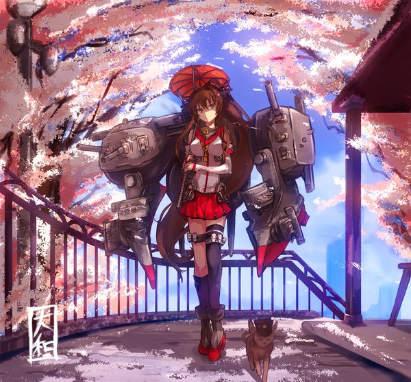 Anime picture 1260x1170 with kantai collection yamato super battleship arao single long hair looking at viewer red eyes brown hair ponytail cherry blossoms girl skirt weapon plant (plants) animal tree (trees) boots umbrella cat