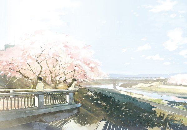 Anime picture 2286x1600 with kimi no suizou wo tabetai original yamauchi sakura shiga haruki loundraw long hair highres short hair black hair looking away cherry blossoms landscape scenic reading girl boy plant (plants) petals tree (trees) book (books)