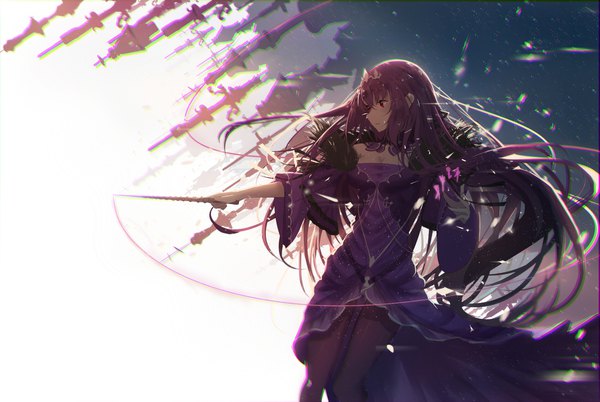 Anime picture 1900x1275 with fate (series) fate/grand order scathach (fate) (all) scathach skadi (fate) re:rin single long hair fringe highres breasts open mouth hair between eyes red eyes standing holding payot looking away cleavage purple hair profile