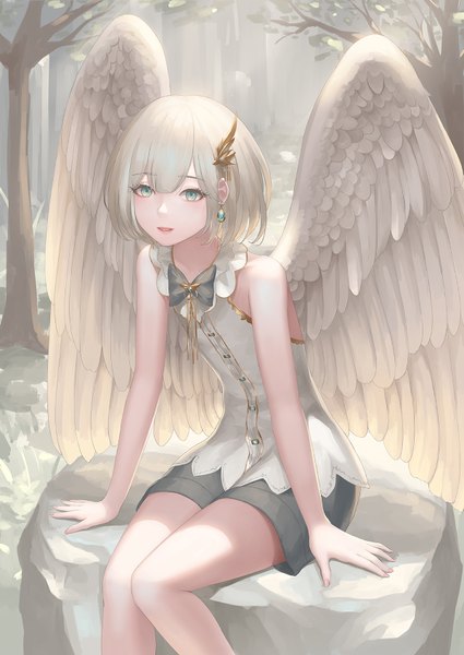 Anime picture 1200x1694 with original rinmmo single tall image looking at viewer fringe short hair open mouth hair between eyes sitting bare shoulders green eyes silver hair bent knee (knees) outdoors blunt bangs fingernails arm support bare legs leaning