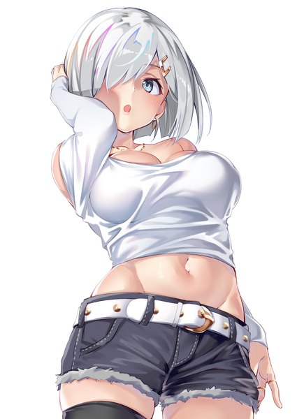 Anime picture 2507x3541 with kantai collection hamakaze destroyer ebifurya single tall image looking at viewer blush fringe highres short hair breasts open mouth blue eyes light erotic simple background large breasts standing white background cleavage silver hair