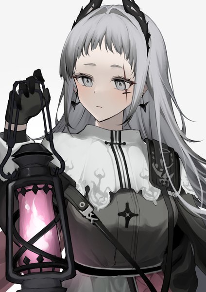 Anime picture 2894x4093 with arknights irene (arknights) hyakutarou (momotar0 4) single long hair tall image highres simple background white background holding looking away upper body horn (horns) grey hair grey eyes scar girl gloves earrings black gloves