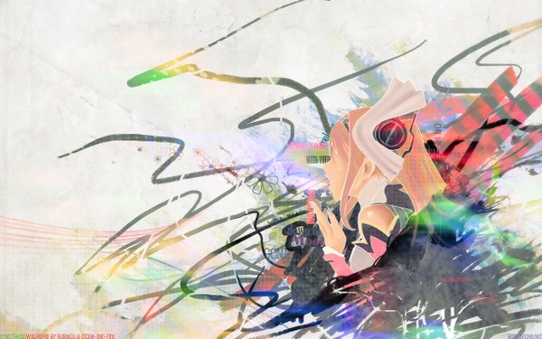 Anime picture 2560x1600 with ar tonelico gust (company) aurica nestmile storm-and-fire (artist) single long hair fringe highres open mouth wide image bare shoulders signed payot pink hair upper body profile arm up singing abstract girl