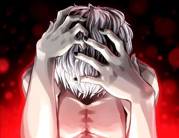 Anime picture 3000x2318 with tokyo ghoul studio pierrot kaneki ken radcandykane single highres short hair upper body white hair nail polish leaning leaning forward black nail polish hands on head boy hands