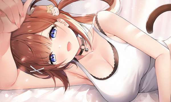 Anime picture 1200x720 with virtual youtuber indie virtual youtuber ayamy (vtuber) ayami (annahibi) single long hair looking at viewer blush fringe breasts open mouth blue eyes light erotic smile brown hair wide image large breasts cleavage lying blunt bangs