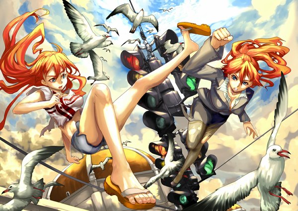 Anime picture 1157x818 with original realmbw long hair blue eyes multiple girls sky cloud (clouds) orange hair torn clothes battle convenient leg girl 2 girls animal pantyhose shorts bird (birds) wire (wires)