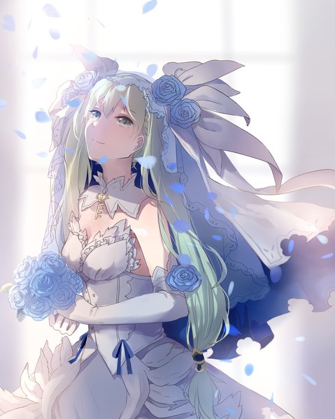 Anime picture 1815x2272 with rune factory frey (rune factory) mr. krab single long hair tall image highres blonde hair bare shoulders looking away light smile holding hands looking up silver eyes wedding girl dress gloves flower (flowers) elbow gloves