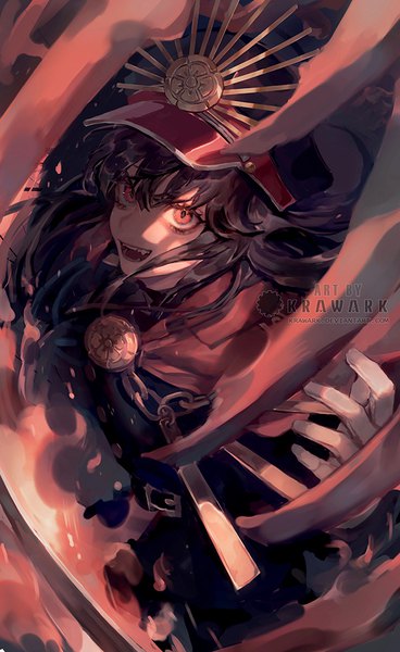 Anime picture 614x1000 with fate (series) fate/grand order koha-ace oda nobunaga (fate) (all) oda nobunaga (fate) renos single long hair tall image looking at viewer open mouth black hair red eyes signed :d shaded face girl peaked cap