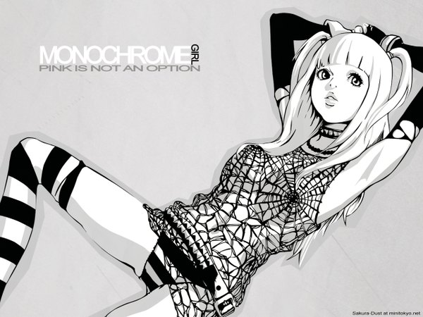 Anime picture 1280x960 with death note madhouse amane misa single long hair light erotic white hair arms up monochrome arms behind head girl thighhighs underwear panties detached sleeves striped thighhighs striped panties