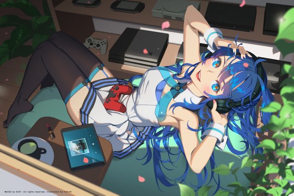 Anime picture 2048x1365 with original sony ai-chan (playstation) vofan single long hair looking at viewer blush fringe highres open mouth blue eyes smile blue hair full body bent knee (knees) indoors :d from above arms up