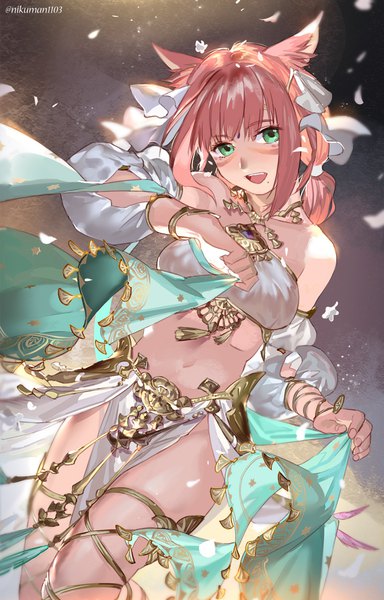 Anime picture 756x1180 with final fantasy final fantasy xiv square enix miqo'te holy pumpkin single tall image fringe short hair open mouth light erotic twintails bare shoulders green eyes signed animal ears looking away pink hair traditional clothes head tilt
