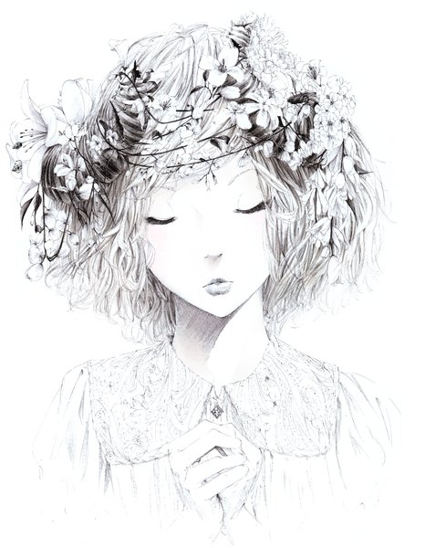 Anime picture 1200x1542 with original sousou (sousouworks) single tall image short hair simple background white background eyes closed hair flower horn (horns) monochrome hands clasped girl hair ornament flower (flowers)