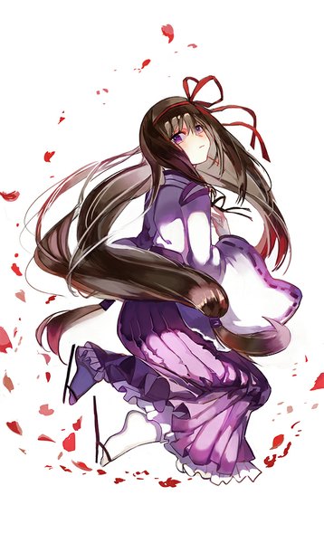 Anime picture 597x1000 with mahou shoujo madoka magica shaft (studio) akemi homura vima single tall image looking at viewer black hair simple background white background purple eyes twintails very long hair traditional clothes japanese clothes miko girl ribbon (ribbons) hair ribbon petals
