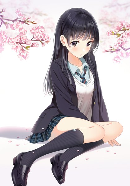 Anime picture 625x894 with original yatomi single long hair tall image blush fringe breasts black hair sitting brown eyes full body blunt bangs parted lips pleated skirt blurry open clothes arm support cherry blossoms plaid skirt