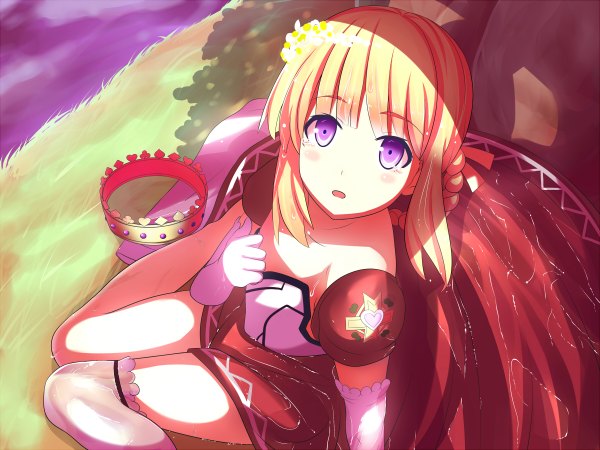 Anime picture 2400x1800 with original kawano masatoshi single long hair looking at viewer highres blonde hair purple eyes girl thighhighs dress gloves white thighhighs elbow gloves