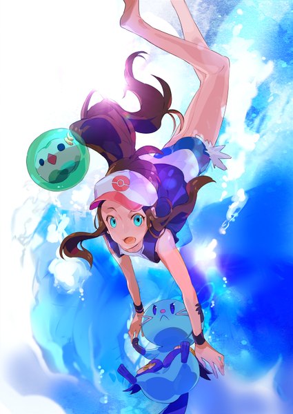 Anime picture 1075x1518 with pokemon pokemon black and white nintendo hilda (pokemon) dewott solosis kazune (baumkuchen) single long hair tall image looking at viewer open mouth blue eyes brown hair ponytail barefoot falling gen 5 pokemon girl animal