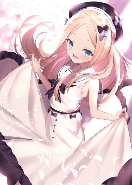 Anime picture 1036x1450 with fate (series) fate/grand order abigail williams (fate) maosame single long hair tall image looking at viewer blush fringe open mouth blue eyes blonde hair smile hair between eyes standing payot :d alternate costume dress lift