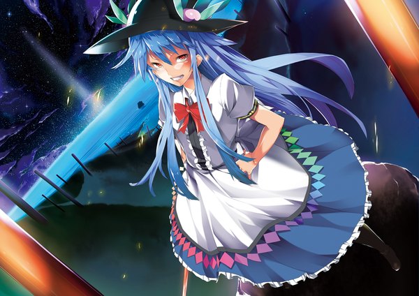 Anime picture 1000x708 with touhou hinanawi tenshi furisuku single long hair looking at viewer blush fringe red eyes standing blue hair cloud (clouds) from above night short sleeves night sky hand on hip clenched teeth constellation aurora borealis