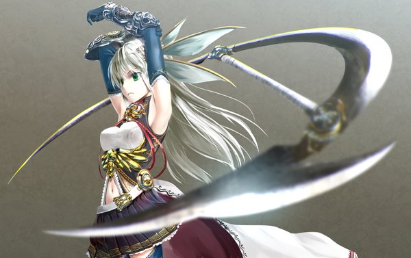 Anime picture 1750x1100 with original kouji (astral reverie) single long hair highres green eyes silver hair grey background girl dress gloves navel hair ornament weapon elbow gloves