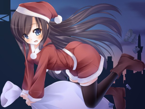 Anime picture 1600x1200 with pastel-pastel single long hair looking at viewer blush open mouth blue eyes light erotic black hair ass christmas girl thighhighs black thighhighs gift santa claus hat santa claus costume
