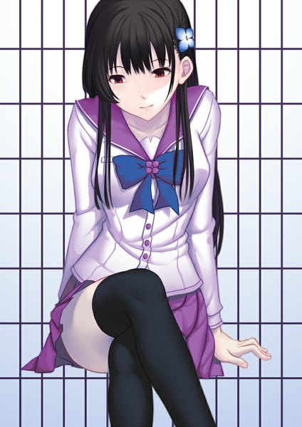 Anime picture 707x1000 with sankarea studio deen sanka rea yilan single long hair tall image black hair red eyes crossed legs girl thighhighs skirt uniform hair ornament black thighhighs school uniform