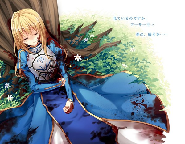 Anime picture 1024x796 with fate (series) fate/stay night studio deen type-moon artoria pendragon (all) saber hitsuki rei single long hair blonde hair eyes closed girl dress flower (flowers) armor blood