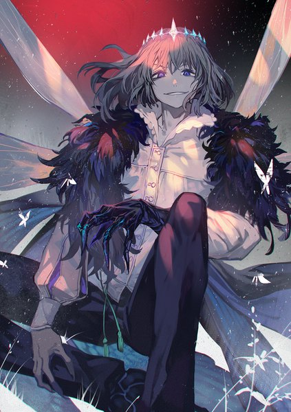 Anime picture 1057x1500 with fate (series) fate/grand order oberon (fate) oberon (third ascension) (fate) lack single tall image looking at viewer fringe short hair smile hair between eyes sitting purple eyes grey hair insect wings spoilers boy wings insect