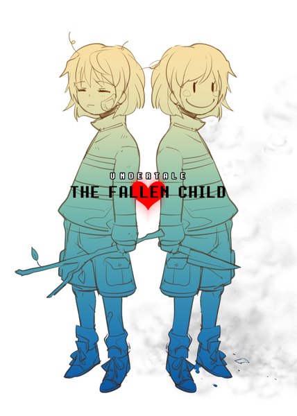 Anime picture 714x1000 with undertale chara (undertale) frisk (undertale) noahxica tall image blush short hair simple background smile standing white background looking away full body eyes closed copyright name text monochrome dual persona messy hair androgynous