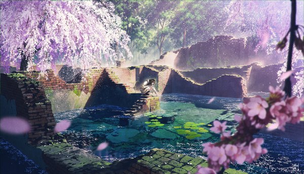 Anime picture 1500x859 with original mocha (cotton) single long hair fringe black hair wide image signed outdoors sunlight depth of field cherry blossoms looking down squat sunbeam scenic ruins brick wall girl skirt