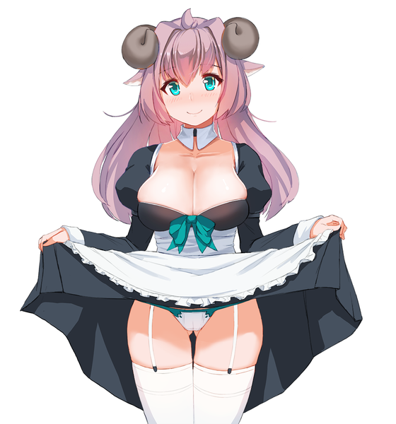 Anime picture 1000x1070 with original nuclear warhead (anti) single long hair tall image looking at viewer blush breasts light erotic simple background smile large breasts white background animal ears cleavage purple hair horn (horns) puffy sleeves dress lift sheep girl