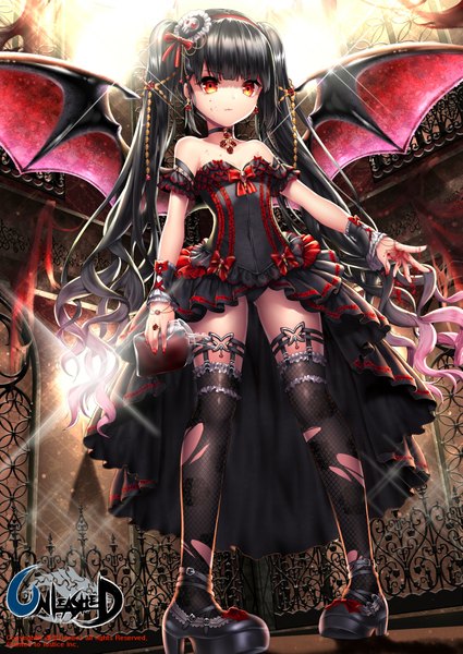 Anime picture 1535x2165 with unleashed original black joa single long hair tall image looking at viewer black hair red eyes twintails loli girl thighhighs dress hair ornament black thighhighs wings hairband blood torn thighhighs