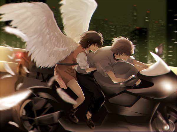 Anime picture 2500x1875 with zankyou no terror mappa twelve mishima risa yifan highres short hair black hair smile brown hair night hug tears city cityscape angel wings laughing girl dress boy