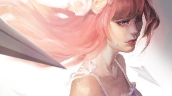 Anime picture 1920x1080 with vocaloid just be friends (vocaloid) megurine luka noa ikeda single long hair fringe highres blue eyes wide image bare shoulders looking away pink hair hair flower realistic tears close-up girl hair ornament flower (flowers)