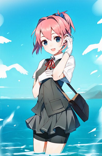 Anime picture 600x916 with kantai collection shiranui destroyer weee (raemz) single tall image fringe short hair open mouth blue eyes hair between eyes standing pink hair sky ponytail partially submerged hand on chest adjusting hair horizon girl gloves