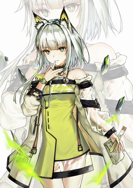 Anime picture 1080x1528 with arknights kal'tsit (arknights) yuuki mix single tall image fringe short hair bare shoulders holding green eyes animal ears silver hair blunt bangs open jacket finger to mouth zoom layer girl dress jacket transparent clothing