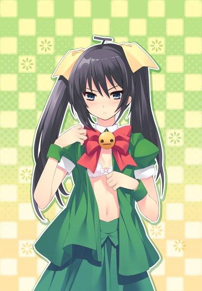 Anime picture 1225x1766 with flyable heart melonbooks shirasagi mayuri itou noiji single long hair tall image looking at viewer fringe blue eyes light erotic black hair hair between eyes twintails cosplay checkered checkered background girl dress bow