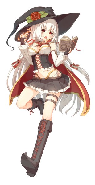 Anime picture 3000x5838 with original ruma imaginary single long hair tall image blush fringe highres breasts open mouth light erotic red eyes large breasts standing white background full body white hair midriff puffy sleeves magic