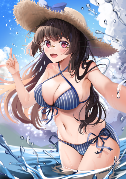 Anime picture 2110x3000 with kantai collection choukai heavy cruiser yuna (yukiyuna) single long hair tall image looking at viewer blush fringe highres breasts open mouth light erotic black hair smile red eyes large breasts standing sky cleavage