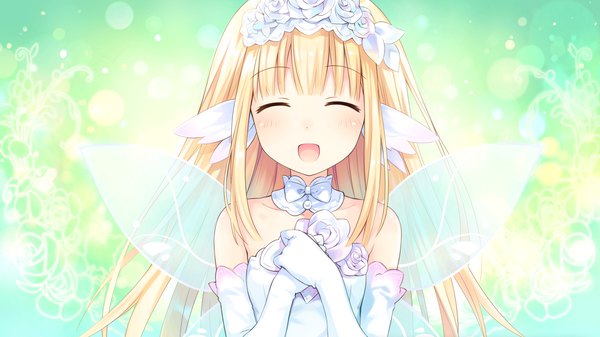 Anime picture 3840x2160 with choujigen game neptune bouquet (choujigen game neptune) tsunako single long hair fringe highres open mouth blonde hair wide image payot absurdres game cg upper body blunt bangs eyes closed official art ^ ^ green background girl